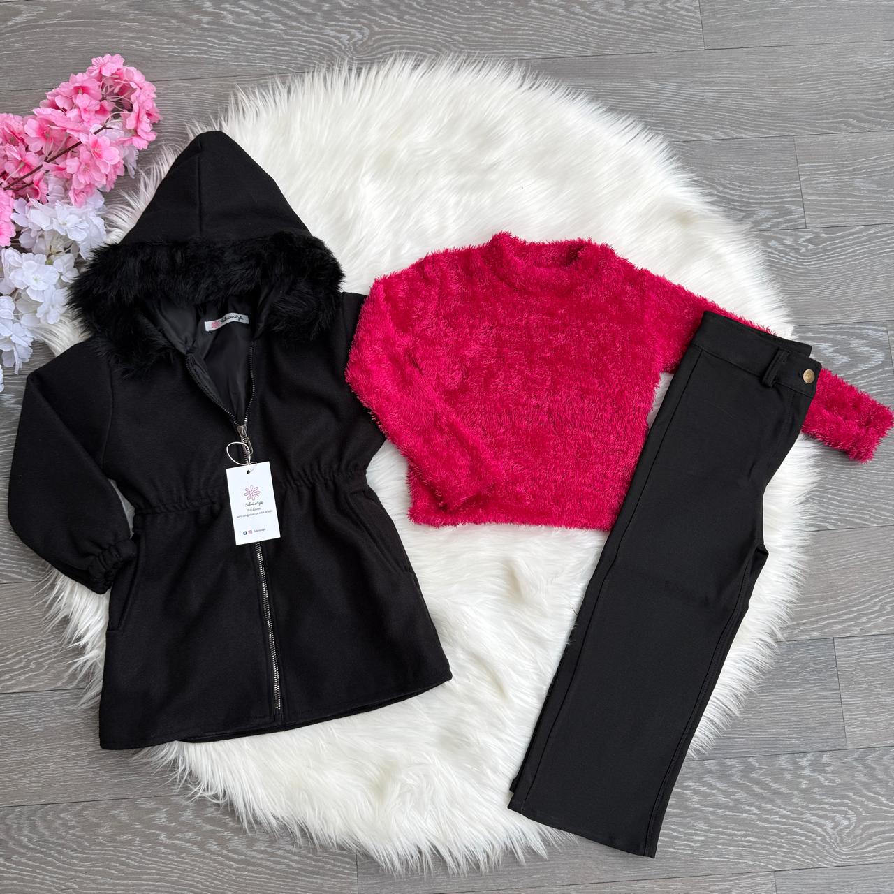 Ensemble manteau, pantalon & pull rose
