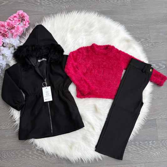 Ensemble manteau, pantalon & pull rose
