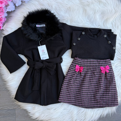 Ensemble 3 pc jupe noir/ rose fushia